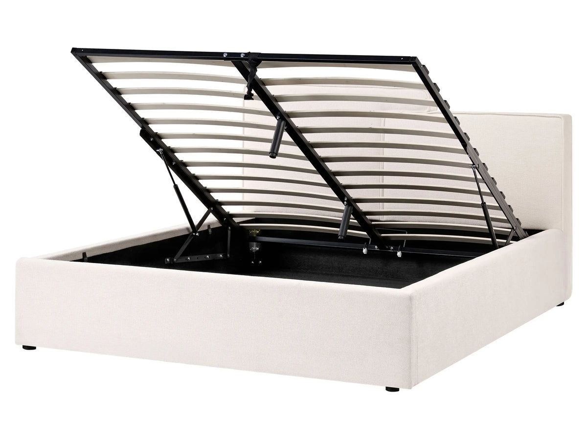 Ottoman Bed Off-White Fabric Upholstery EU King Size Asymetrical Headboard Storage Function Scandi Beliani