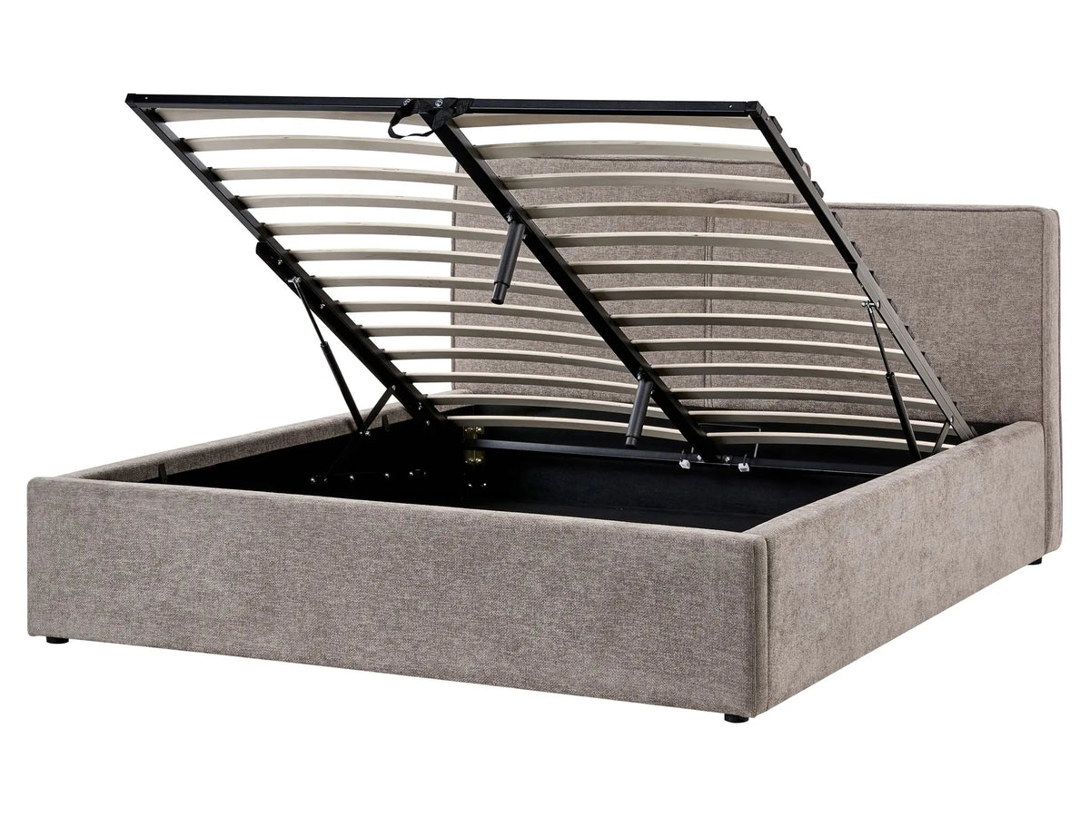 Ottoman Bed Taupe Fabric Upholstery EU King Size Asymetrical Headboard Storage Function Scandi Beliani