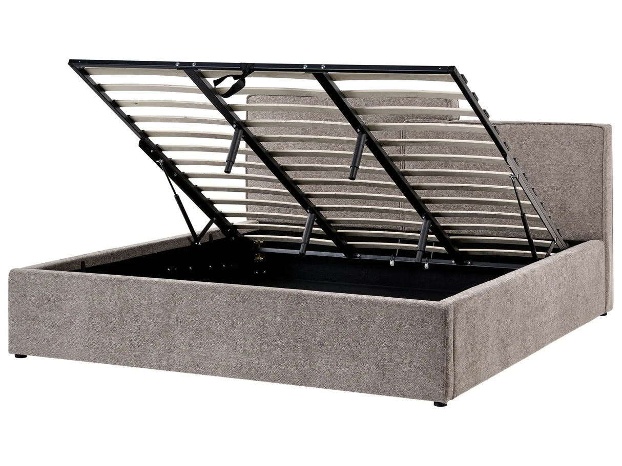 Ottoman Bed Beige Fabric Upholstery EU Super King Size Asymetrical Headboard Storage Function Scandi Beliani