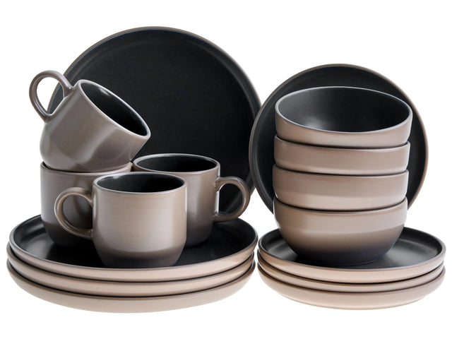16-Piece Dinnerware Set Beige and Black Stoneware Elegant Kitchen Dining Room Color Glaze Finish For 4 People Beliani