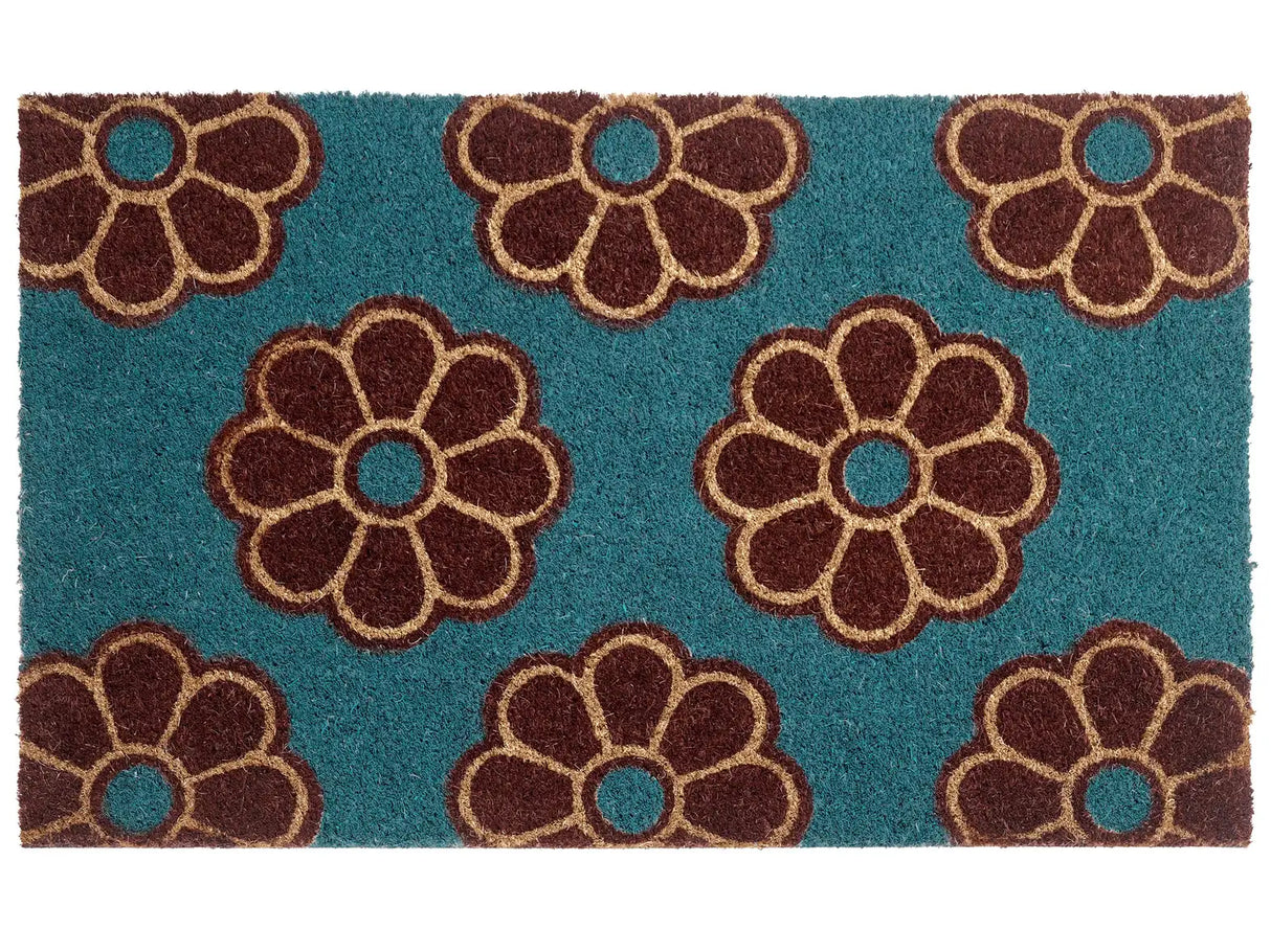 Doormat Blue Coir with Anti-Slip Bottom 45 x 75 cm Anti Slip Decoration Floral Pattern Welcome Mat Beliani