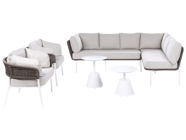 7 Seater Garden Lounge Set with Tables Beige Fabric Cushions Aluminium Frame and Rope Weave Style Backrests Beliani