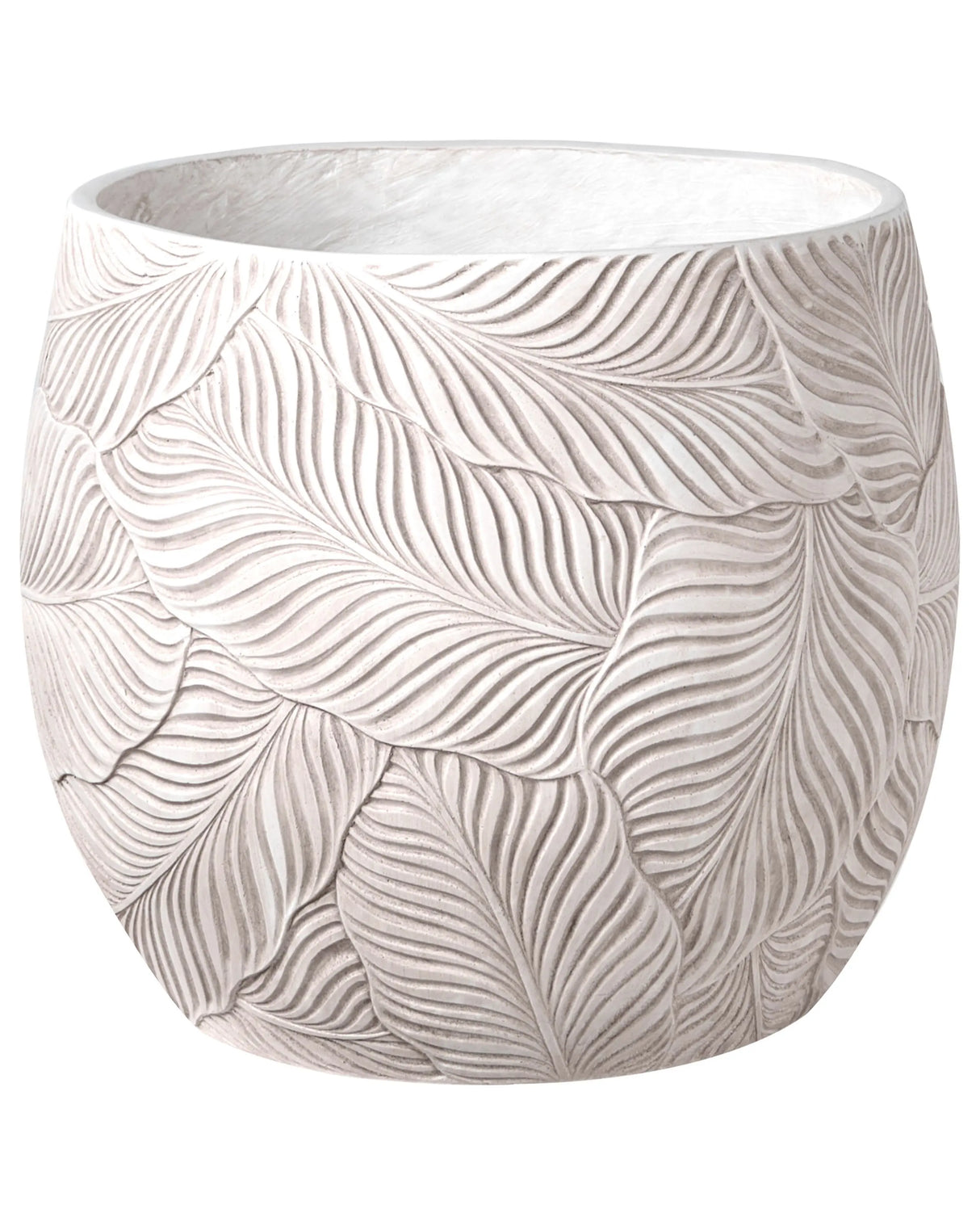 Flower Pot Light Beige Fibre Clay Painted Indoor and Outdoor Planter Round 47 x 47 x 43 cm Leaf Pattern Modern Design Living Room Garden Beliani