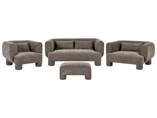 Living Room Set Brown Fabric Soft Curved 3 Seater Sofa Loveseat Armchair Ottoman Retro Minimalist Beliani