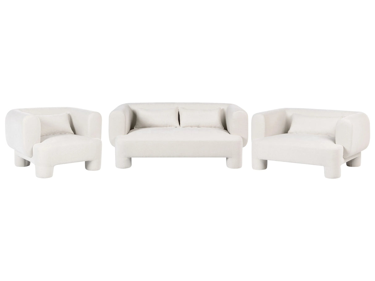 Living Room Set White Fabric Soft Curved 3 Seater Sofa Loveseat Armchair Retro Minimalist Beliani