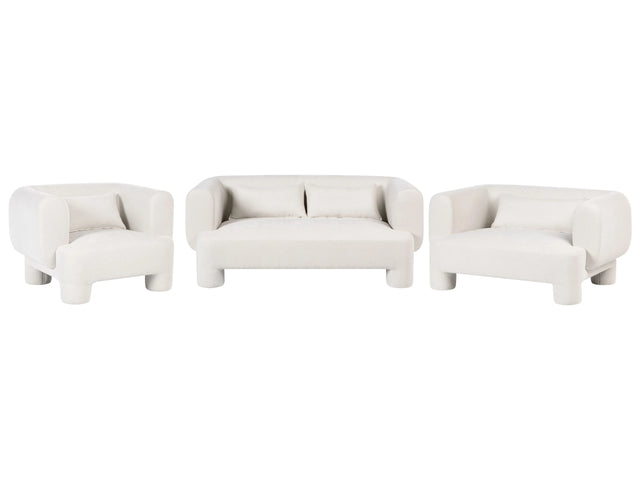 Living Room Set White Fabric Soft Curved 3 Seater Sofa Loveseat Armchair Retro Minimalist Beliani