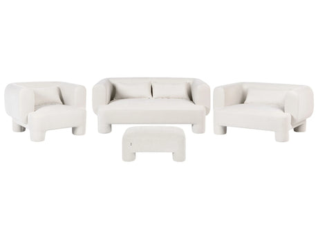 Living Room Set White Fabric Soft Curved 3 Seater Sofa Loveseat Armchair Ottoman Retro Minimalist Beliani