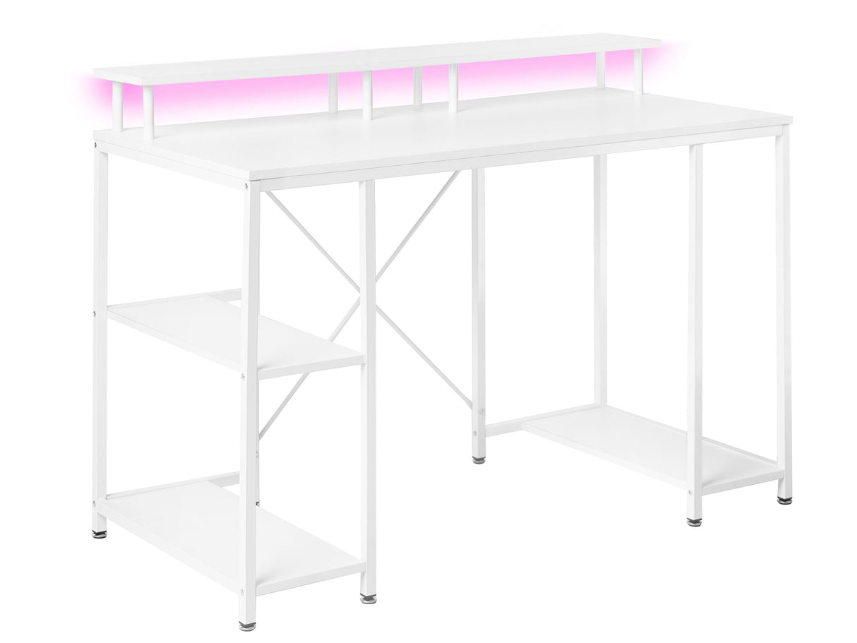 Gaming Desk White MDF Tabletop Powder Coated Iron Legs and Frame LED 3 Shelves Add Storage Space Modern Beliani