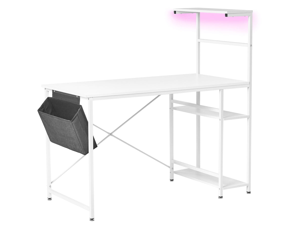 Gaming LED Desk White MDF Tabletop and Legs Frame Powder Coated Finish Side Pocket Modern Style Beliani