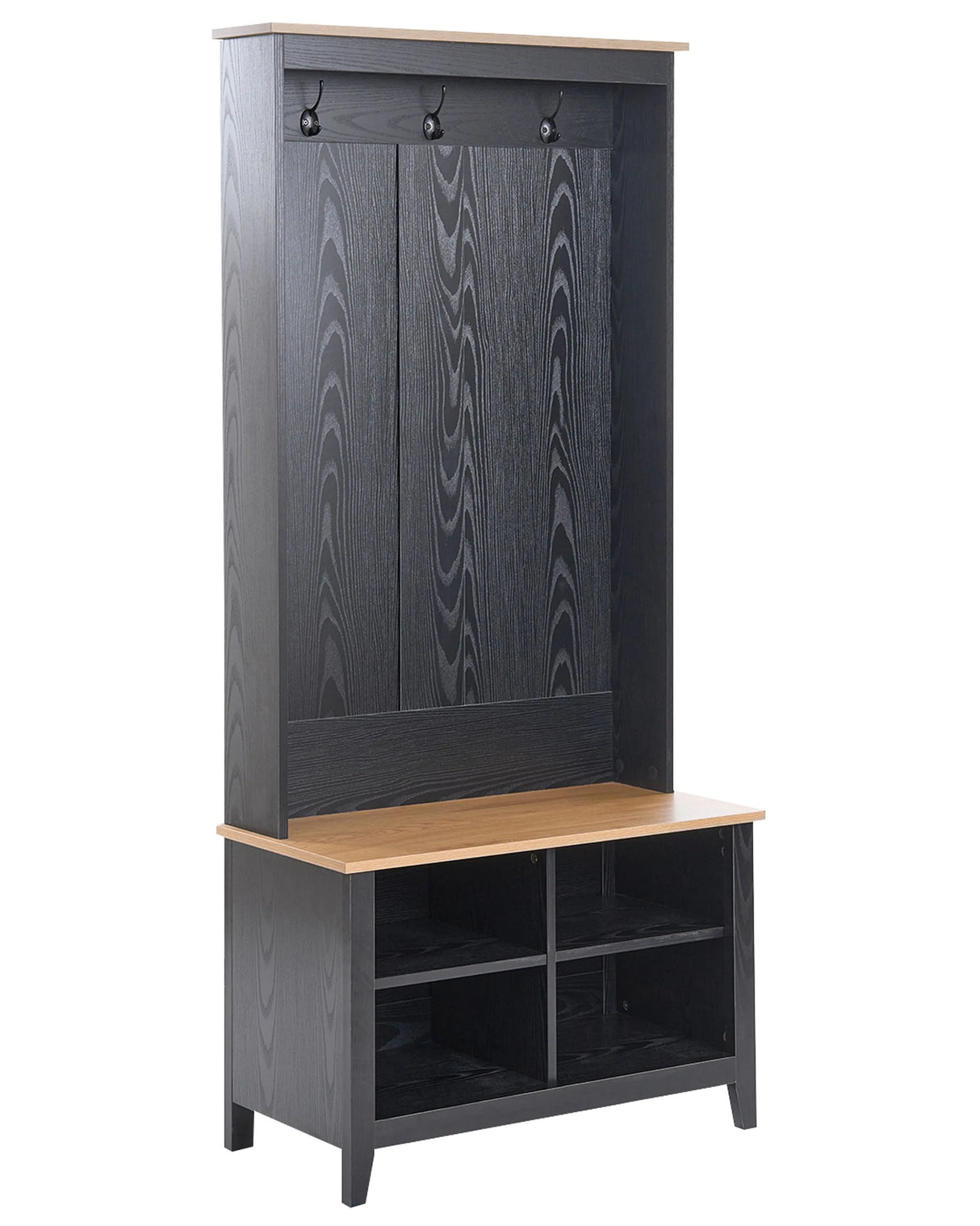 Shoe Storage with Coat Rack Black and Light Brown MDF 4 Shoe Compartments 3 Hooks Beliani