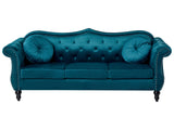 Sofa Teal Velvet 3 Seater Nailhead Trim Button Tufted Throw Pillows Rolled Arms Glam Beliani