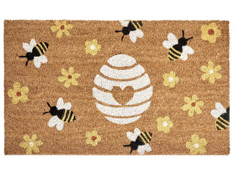 Doormat Natural Coir with Anti-Slip PVC Bottom 40 x 60 cm Decoration Bees and Flowers Pattern Beliani