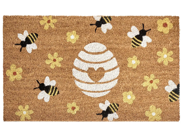 Doormat Natural Coir with Anti-Slip PVC Bottom 50 x 80 cm Decoration Bees and Flowers Pattern Beliani