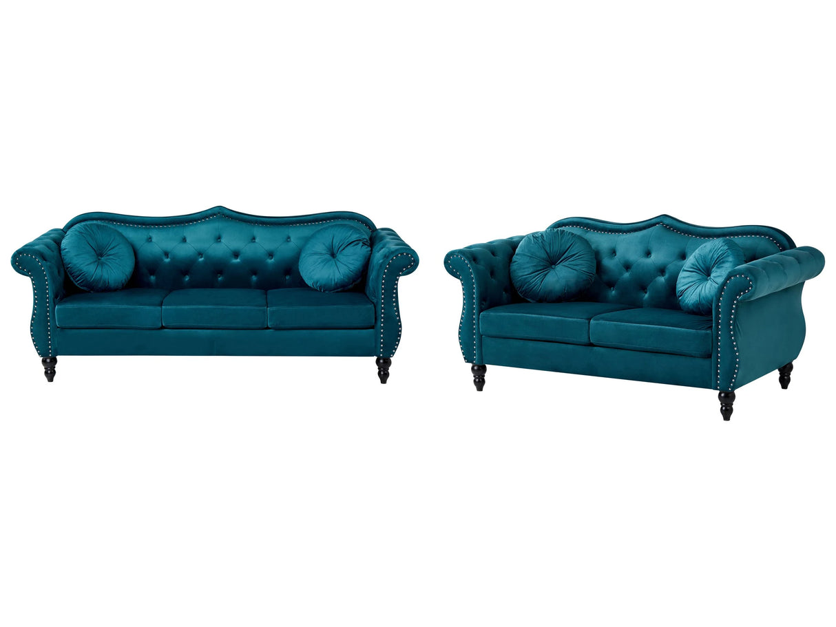 Living Room Set Teal Velvet 2 Seater 3 Seater Nailhead Trim Button Tufted Throw Pillows Rolled Arms Glam Beliani
