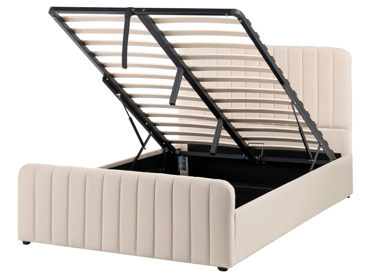 Bed Beige Velvet Upholstered EU Small Double Size With Headboard and Footboard Lift- Up Storage Beliani