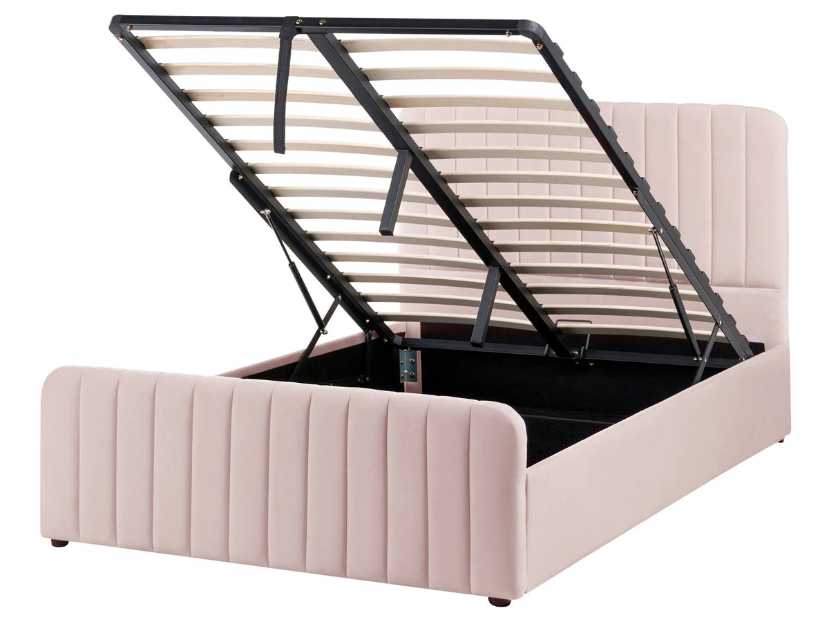 Ottoman Bed Pastel Pink Fabric Upholstered EU Small Double Size With Headboard and Footboard Lift- Up Storage Beliani