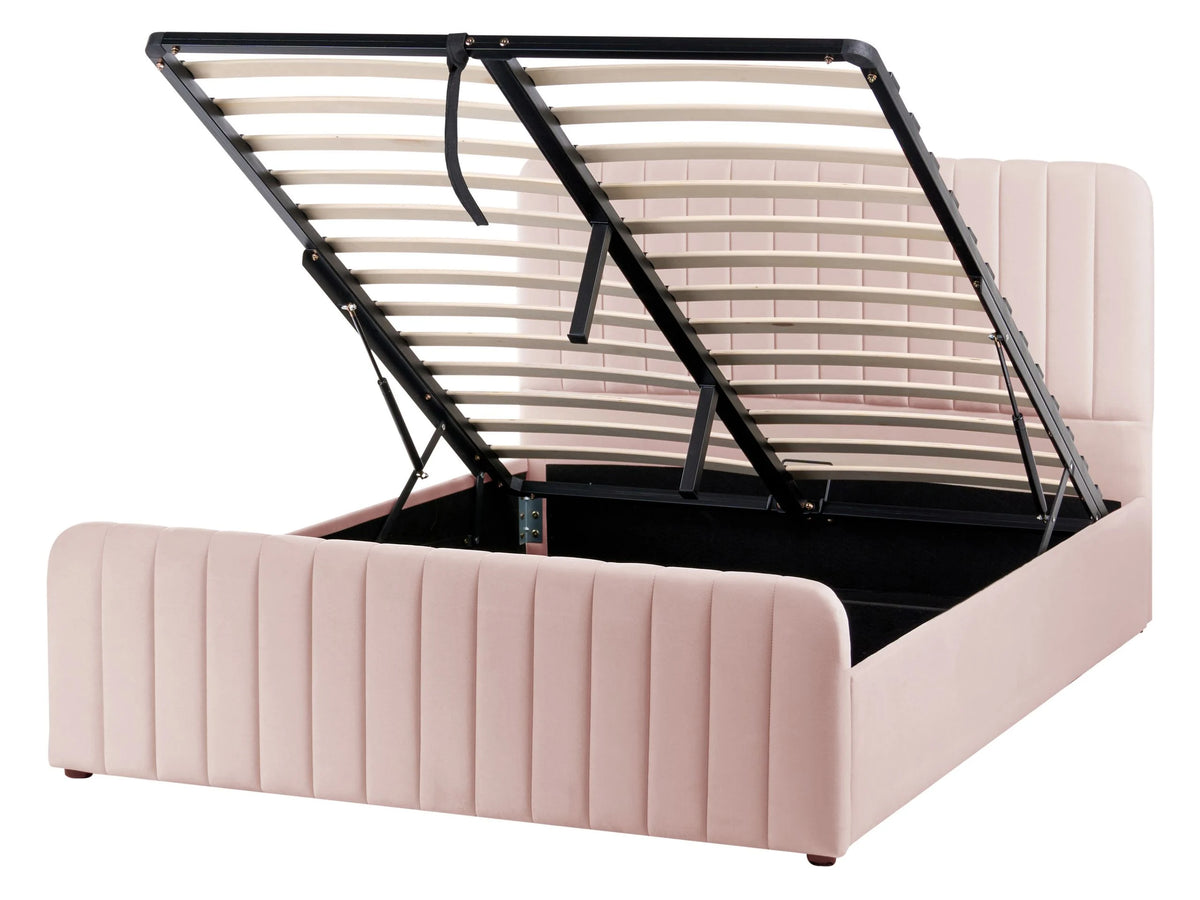 Ottoman Bed Pastel Pink Fabric Upholstered EU Double Size With Headboard and Footboard Lift- Up Storage Beliani