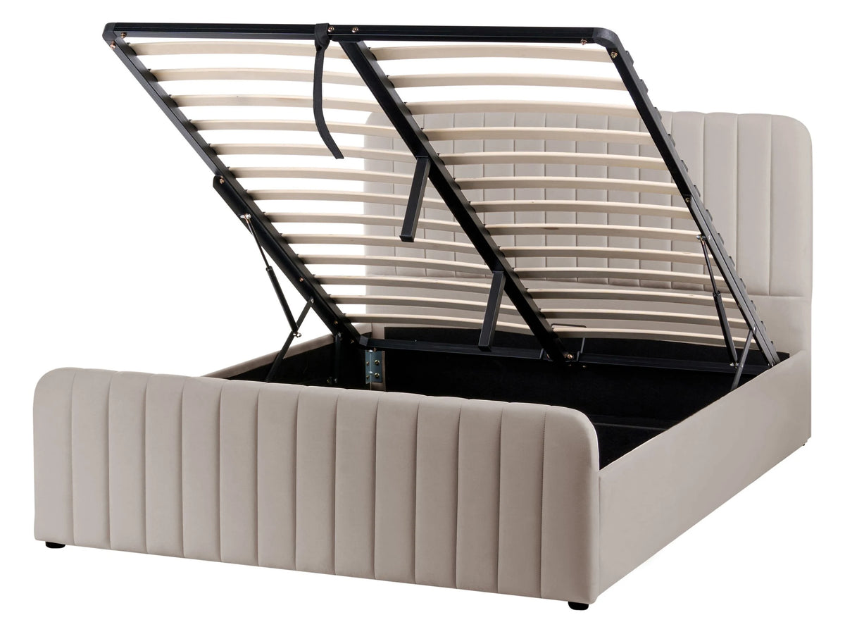 Ottoman Bed Taupe Fabric Upholstered EU Double Size With Headboard and Footboard Lift- Up Storage Beliani