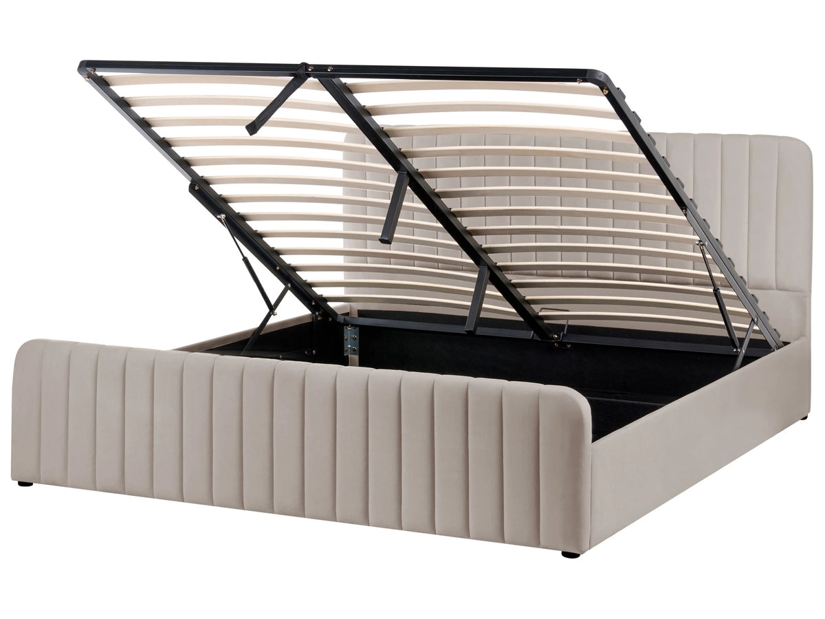 Ottoman Bed Taupe Fabric Upholstered EU Super King Size With Headboard and Footboard Lift- Up Storage Beliani