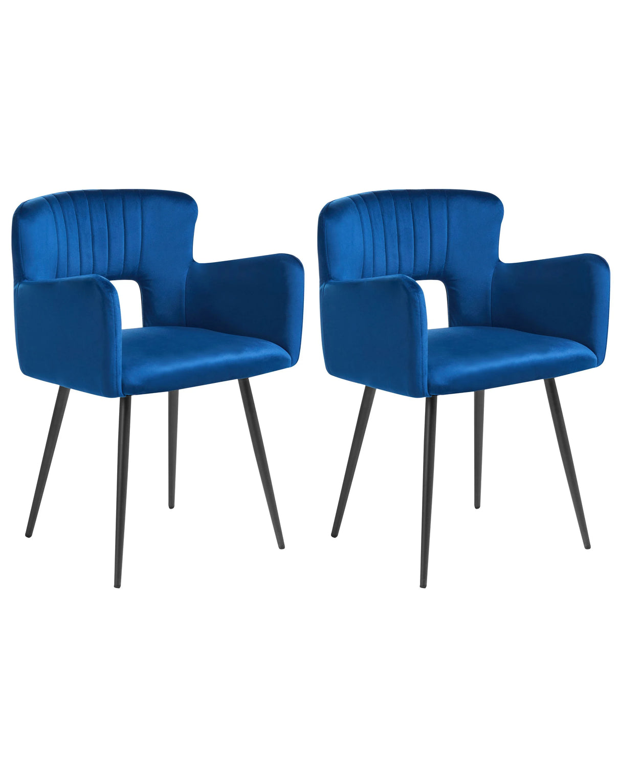 Set of 2 Chairs Dining Chair Navy Blue Velvet with Armrests Cut-Out Backrest Black Metal Legs Beliani