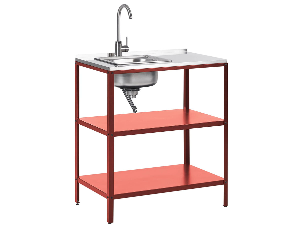 Outdoor Kitchen Island with Sink Red Stainless Steel 80 x 50 x 92 cm Single Lever Spout 2 Shelves Unit with Top Garden Kitchen Dining Beliani