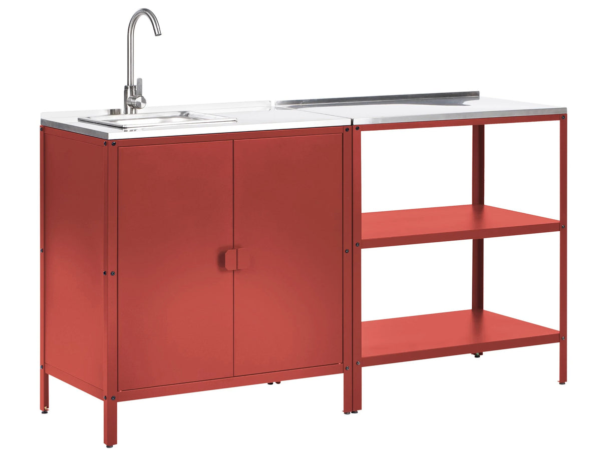 2 Piece Outdoor Kitchen Set Red Stainless Steel Storage Island Cabinet Sink Single Lever Outdoor Kitchen Cooking Station Beliani