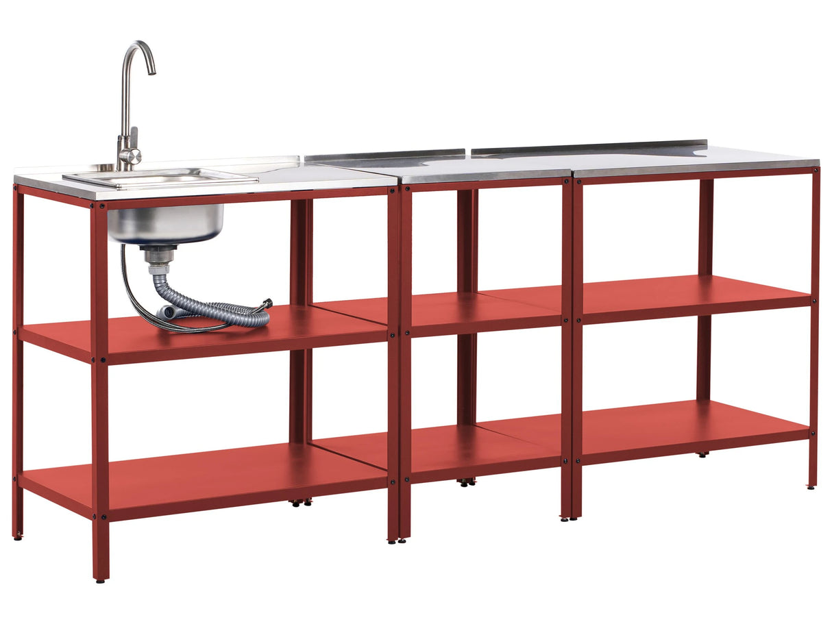 3 Piece Outdoor Kitchen Set Red Stainless Steel 3 Kitchen Islands Sink Single Lever Outdoor Kitchen Cooking Station Beliani