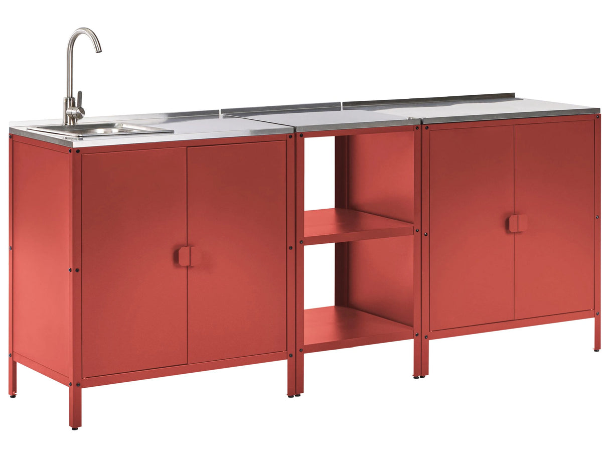 3 Piece Outdoor Kitchen Set Red Stainless Steel 2 Kitchen Cabinet Storage Island Sink Single Lever Outdoor Kitchen Cooking Station Beliani