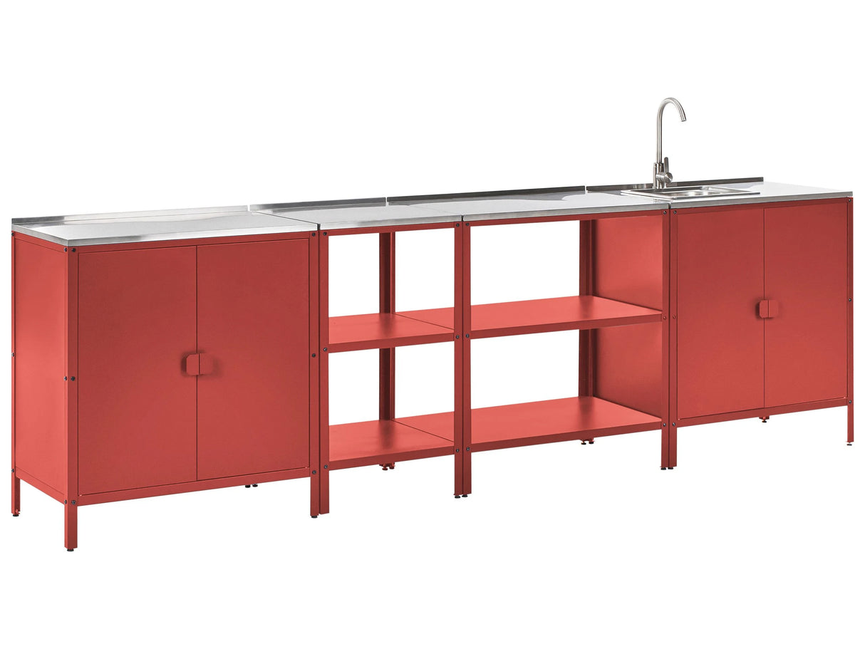 4 Piece Outdoor Kitchen Set Red Stainless Steel 2 Kitchen Cabinets 2 Storage Islands Sink Single Lever Outdoor Kitchen Cooking Station Beliani