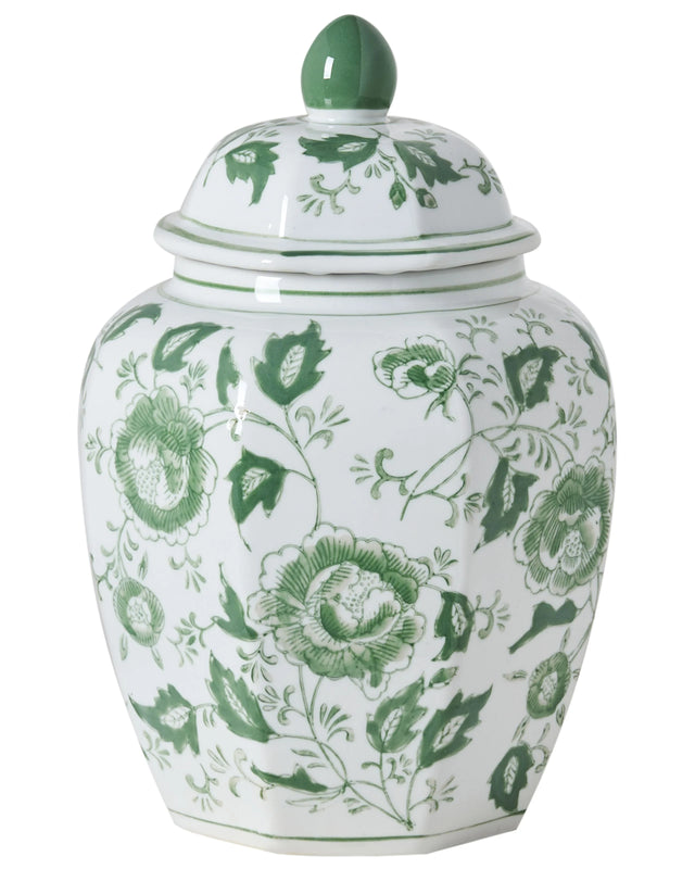 Flower Vase with Lid White and Green Lidded Ginger Jar Porcelain Decorative Table Accessory Antique Vintage Beliani