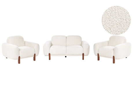 4 Seater Living Room Set White Boucle Upholstery 2 Seater Sofa and 2 Armchairs Soft Modern Organic Low Curvilinear Beliani