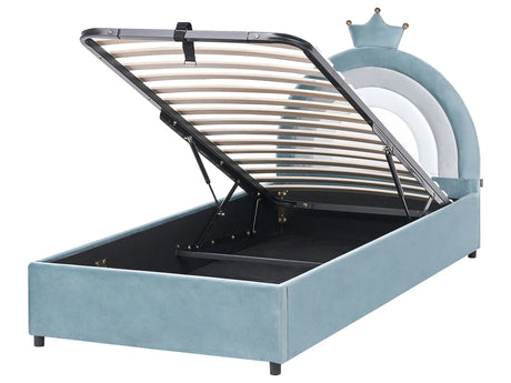 Bed Blue Velvet Upholstered Frame Headrest 3ft EU Single Size Bedroom with Storage Kids Room Modern Traditional Beliani