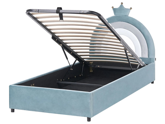 Bed Blue Velvet Upholstered Frame Headrest 3ft EU Single Size Bedroom with Storage Kids Room Modern Traditional Beliani