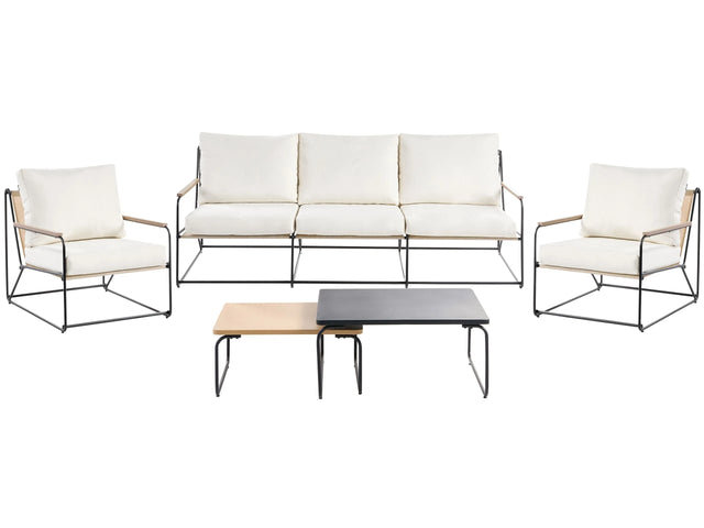 Garden Sofa Set Black and Beige Steel Powder Coated 5 Seater with Armchairs Cushions Two Coffee Tables Modern Design Outdoor Conversation Set Beliani