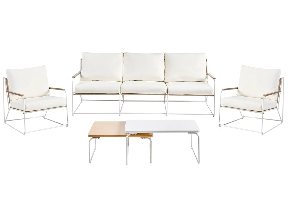 Garden Sofa Set White and Beige Steel Powder Coated 5 Seater with Armchairs Cushions Two Coffee Tables Modern Design Outdoor Conversation Set Beliani