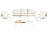 Garden Sofa Set White and Beige Steel Powder Coated 5 Seater with Armchairs Cushions Two Coffee Tables Modern Design Outdoor Conversation Set Beliani