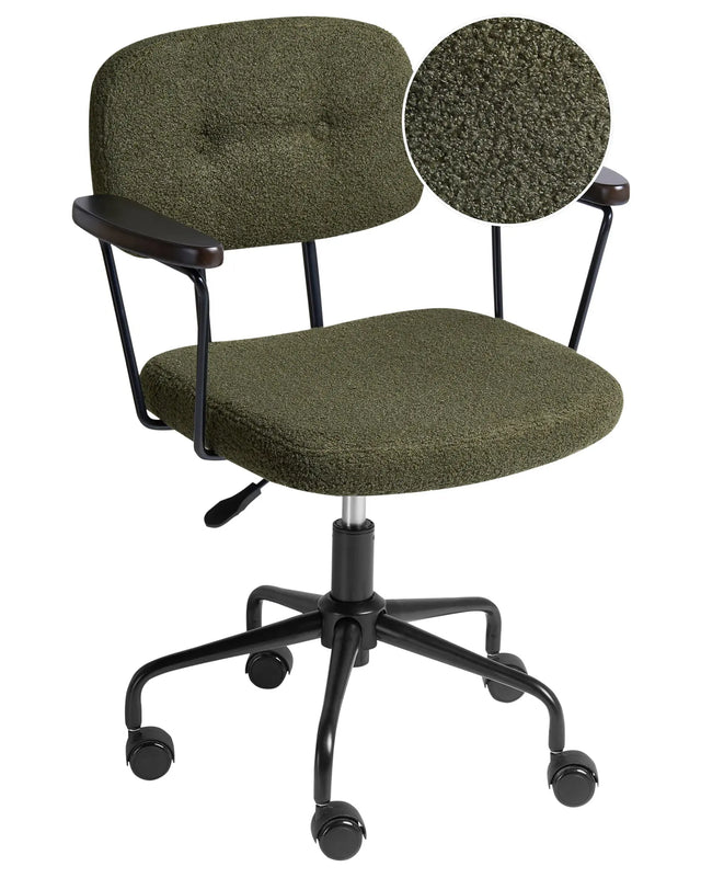 Office Chair Dark Green Boucle Swivel Adjustable Height with Armrests Home Office Study Traditional Beliani