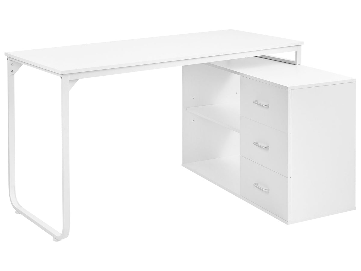 Corner Home Office Desk White Particle Board Iron Legs 140 x 100 cm with 2 Shelves and 3 Drawers Beliani