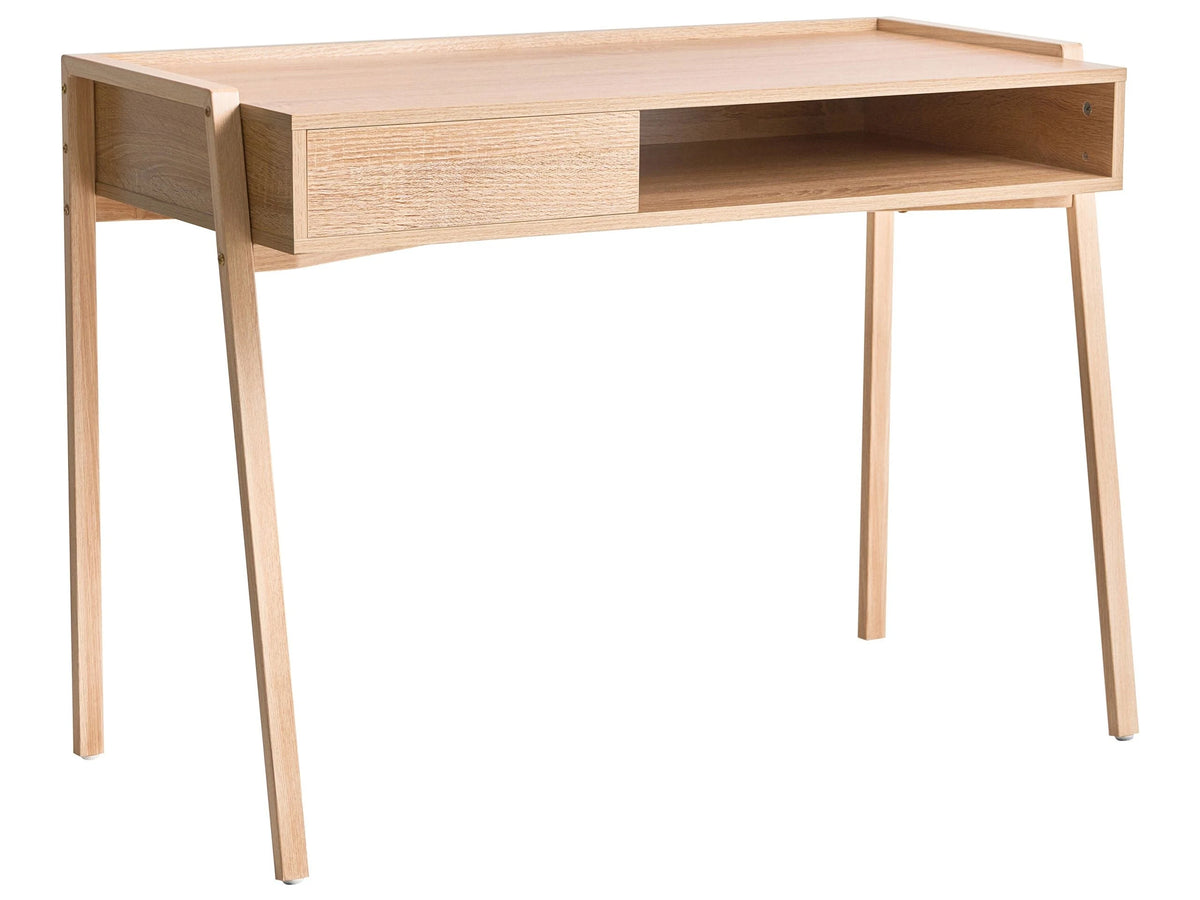 Home Office Desk Light Brown Particle Board Iron Legs 107 x 48 cm with Shelf and Drawer Minimalist Beliani