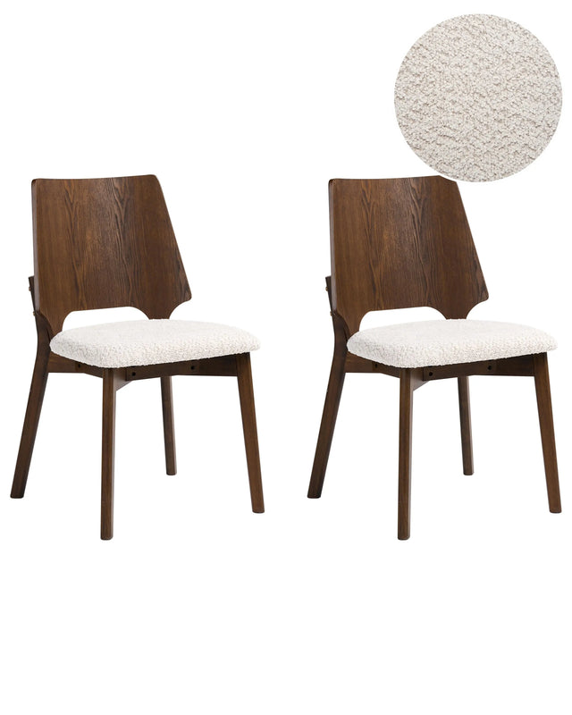 Set of 2 Dining Chairs Brown and Light Beige Plywood Boucle Rubberwood Legs Armless Retro Traditional Style Beliani
