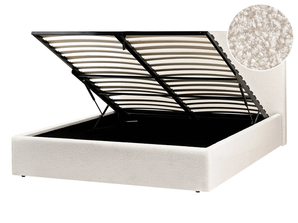 Ottoman Bed Off-White Boucle EU Double Size 4ft6 Fabric Upholstery with Wide Headboard and Storage Lift-Up Slatted Base Beliani