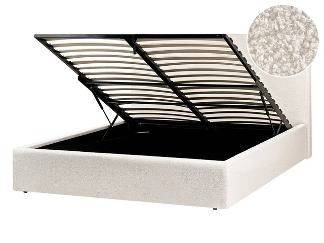 Ottoman Bed Off-White Boucle EU Double Size 4ft6 Fabric Upholstery with Wide Headboard and Storage Lift-Up Slatted Base Beliani