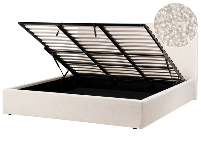 Ottoman Bed Off-White Boucle EU Super KingSize 6ft Fabric Upholstery with Wide Headboard and Storage Lift-Up Slatted Base Beliani