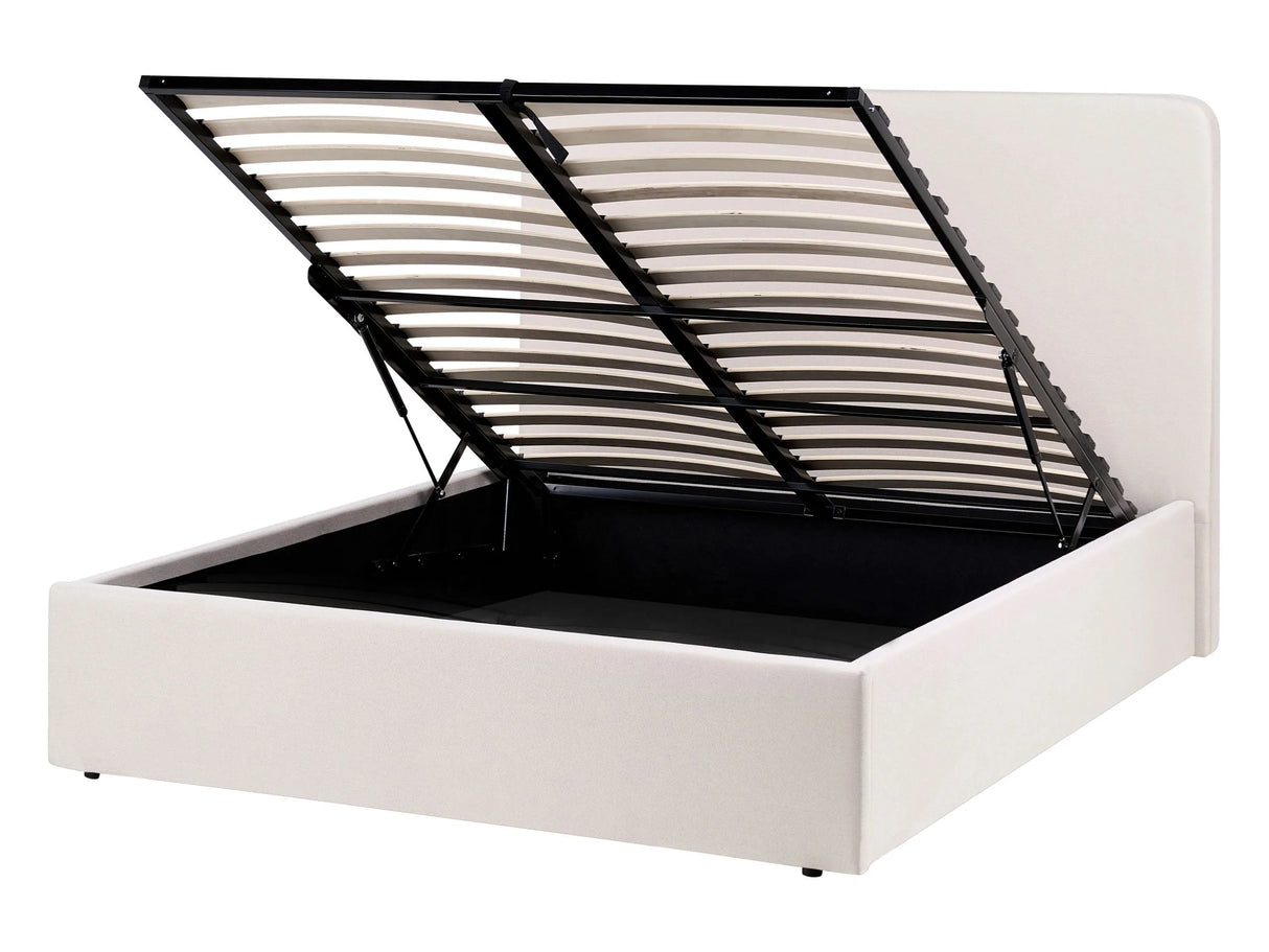 Ottoman Bed Light Beige Fabric EU Double Size 4ft6 Fabric Upholstery with Wide Headboard and Storage Lift-Up Slatted Base Beliani