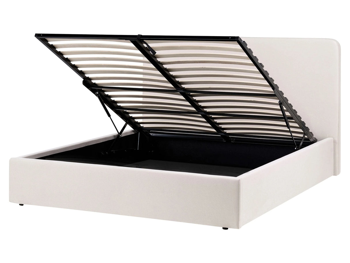 Ottoman Bed Light Beige Fabric Upholstery EU King Size 5ft3 with Wide Headboard and Storage Lift-Up Slatted Base Beliani