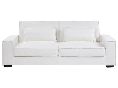 Sofa Bed White Fabric Upholstery Plastic Legs 3 Seater with Cushions Click-Clack Sleeping Mechanism Living Room Bedroom Beliani
