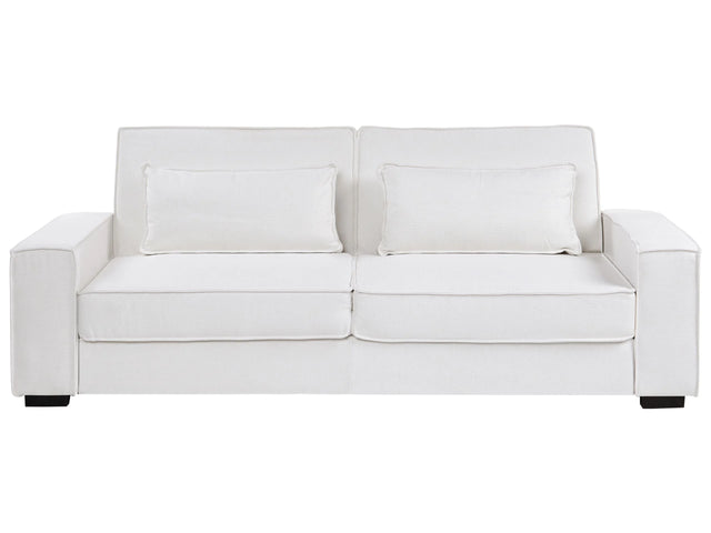 Sofa Bed White Fabric Upholstery Plastic Legs 3 Seater with Cushions Click-Clack Sleeping Mechanism Living Room Bedroom Beliani
