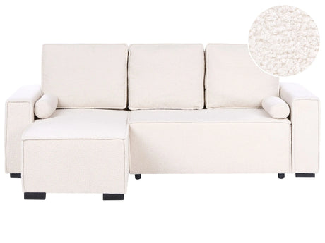 3 Seater Corner Sofa Bed Light Green Boucle Upholstery Right Handed with Storage Armrests Reversible Modern Style Living Room Beliani