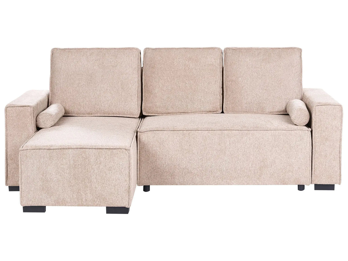 3 Seater Corner Sofa Bed Beige Fabric Upholstery Right Handed with Storage Armrests Reversible Modern Style Living Room Beliani