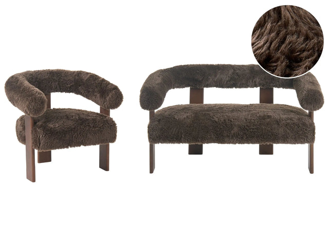Sofa Set Dark Brown 2 Seater Armchair Faux Fur Upholstery Retro Design Wooden Legs Living Room Beliani